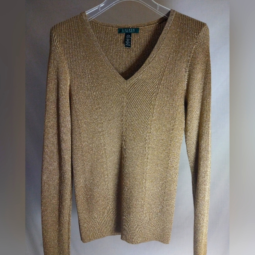 LAUREN RALPH LAUREN GOLD METALLIC V-NECK LONG SLEEVE SWEATER